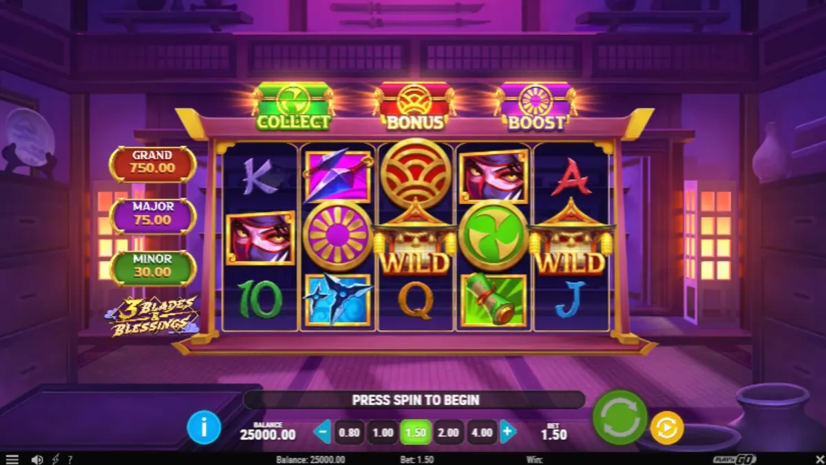 Seorang ninja berdiri di depan pagoda tradisional di bawah cahaya bulan dalam slot 3 Blades & Blessings